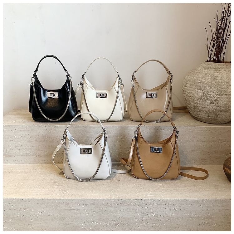 Leather Lock Crossbody Bag Top Handle Faux Twist