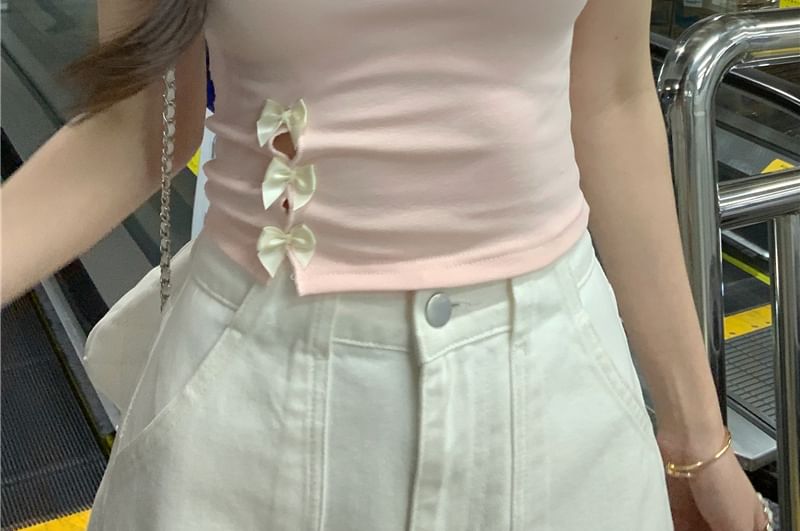 Embroidered Crop Tee Short-Sleeve Neck Accent Round Cutout Lettering Bow