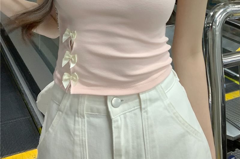 Embroidered Crop Tee Short-Sleeve Neck Accent Round Cutout Lettering Bow