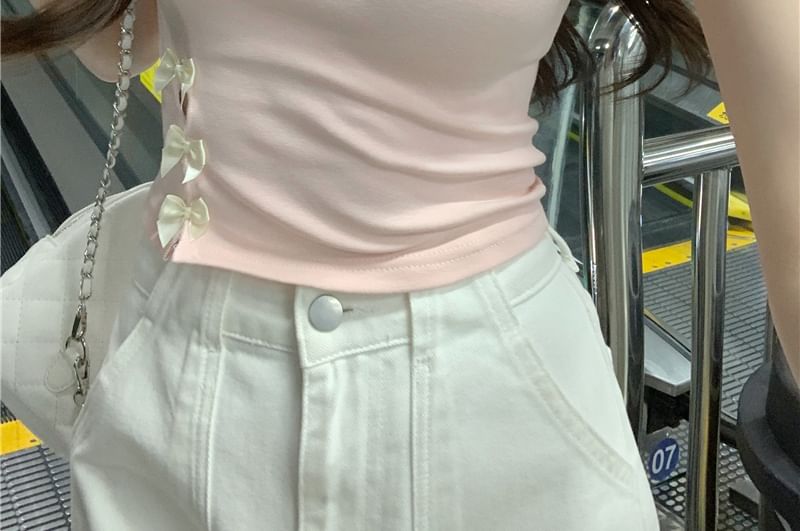 Embroidered Crop Tee Short-Sleeve Neck Accent Round Cutout Lettering Bow