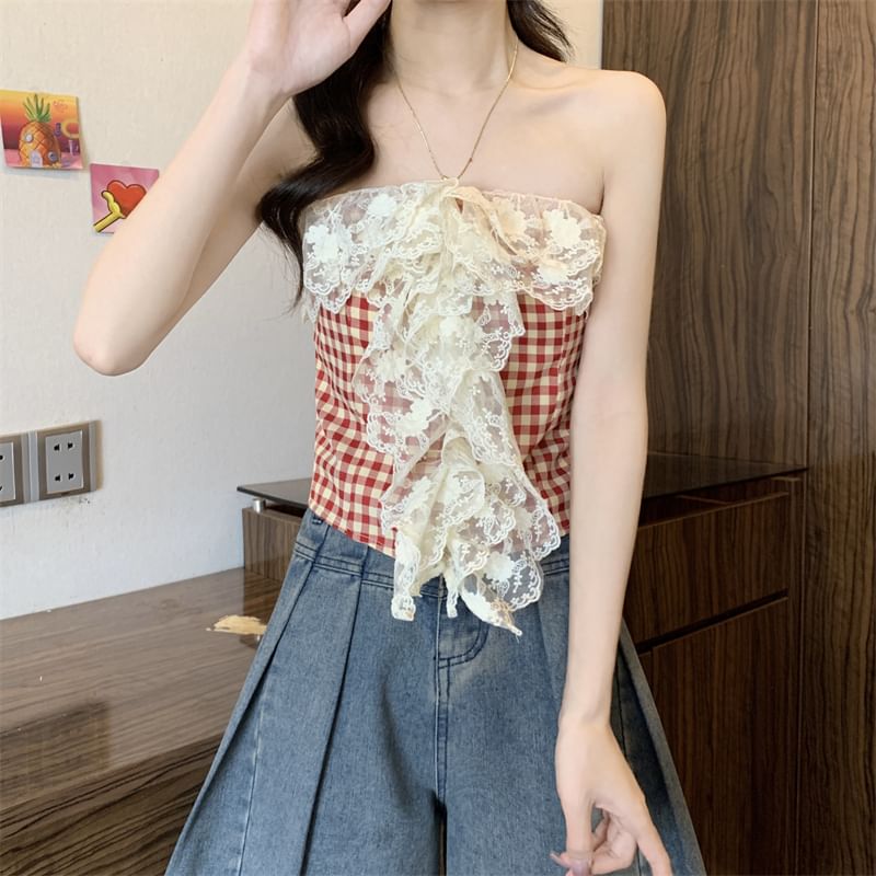 Gingham Lace Panel Tube Top Crop