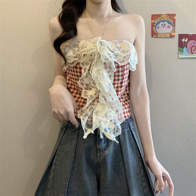 Gingham Lace Panel Tube Top Crop