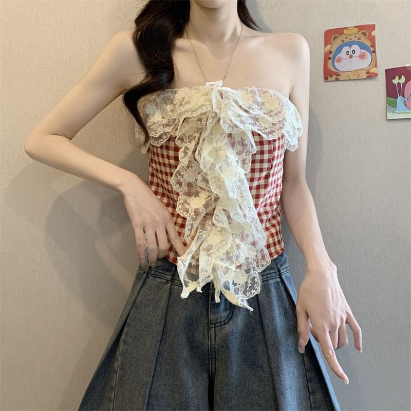 Gingham Lace Panel Tube Top Crop