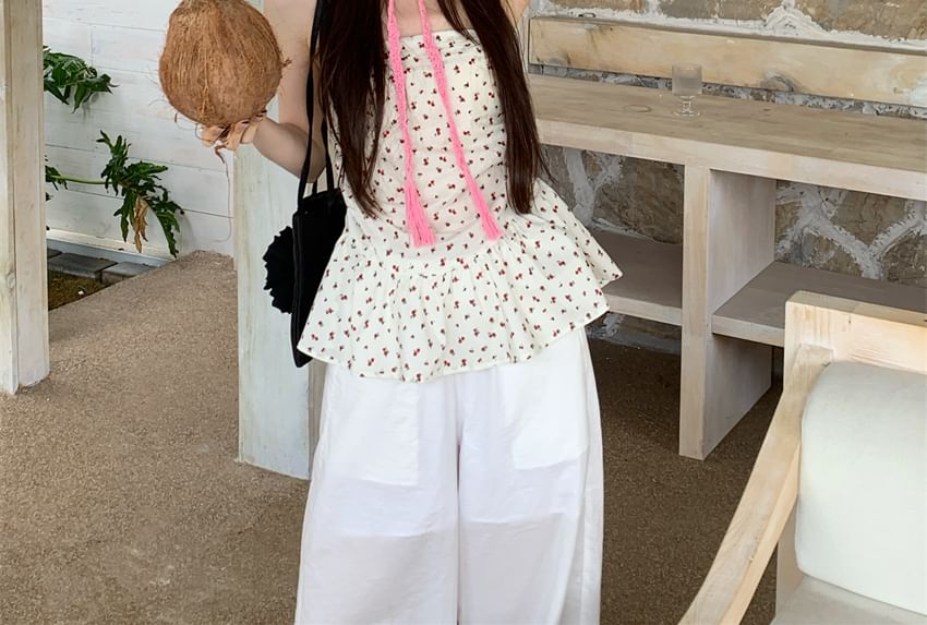 Print Tube Top Ruched Floral Ruffle Hem