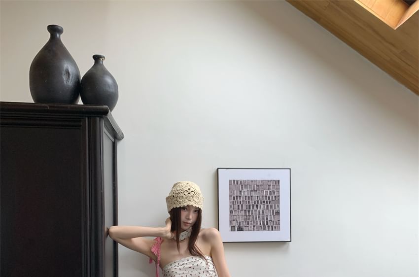 Print Tube Top Ruched Floral Ruffle Hem