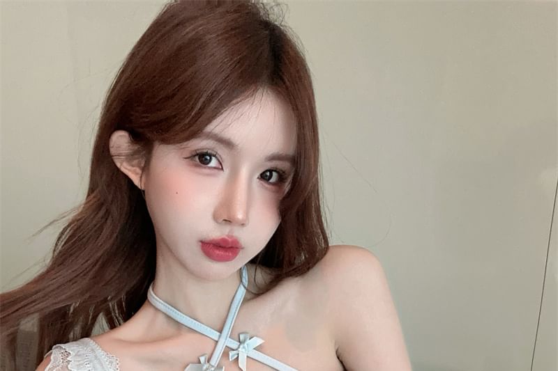 Cap-Sleeve Accent Slim Bow Neck Plain Halter Lace Fit Panel Top Crop