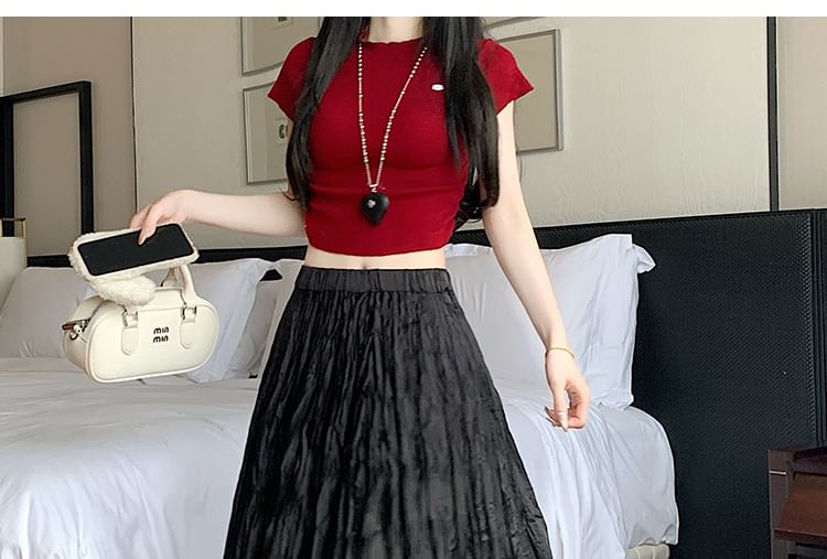 Waist Plain High Asymmetrical Crinkle Maxi Skirt A-Line