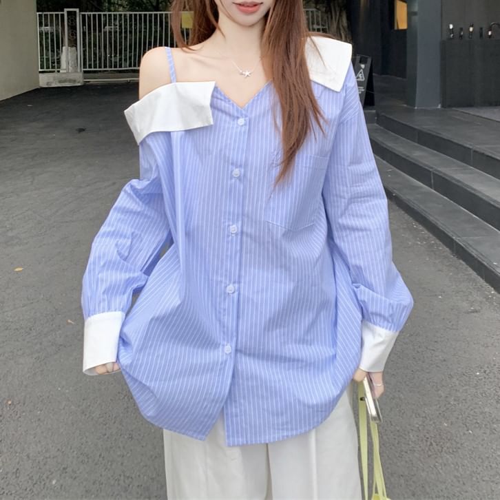 Button-Up Asymmetrical Striped Cold Long-Sleeve Shoulder Blouse