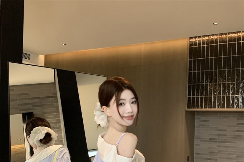 Button-Up Asymmetrical Striped Cold Long-Sleeve Shoulder Blouse