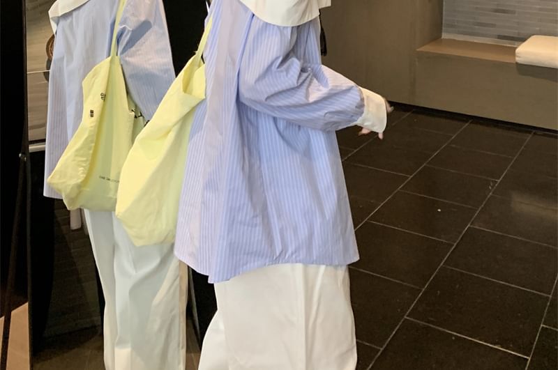 Button-Up Asymmetrical Striped Cold Long-Sleeve Shoulder Blouse