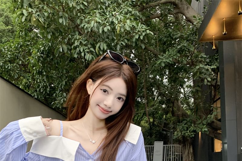 Button-Up Asymmetrical Striped Cold Long-Sleeve Shoulder Blouse