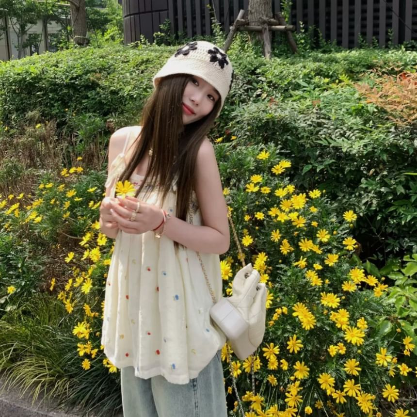 Embroidered Top Trim Accent Flowy Camisole Frill Bow