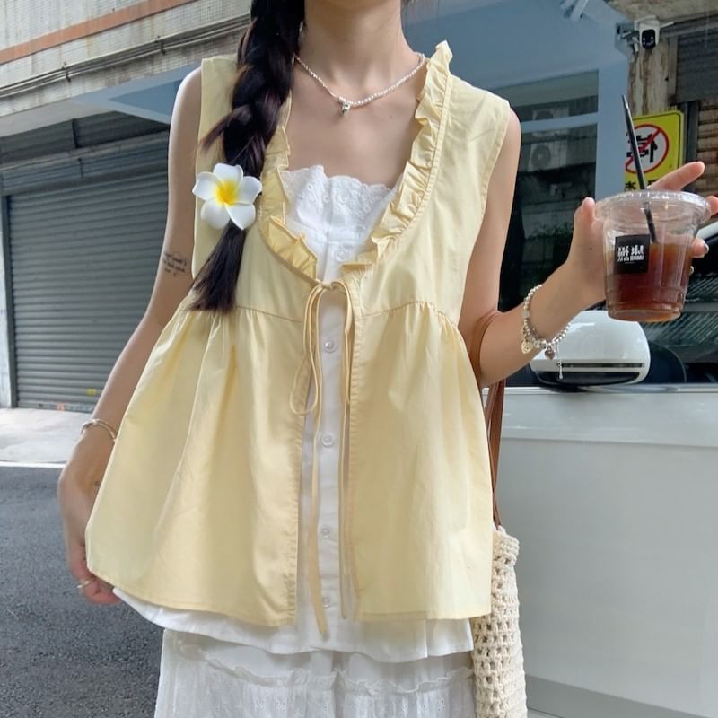 Mock Tone Tie Frill Blouse Front Two Two-Piece Trim Sleeveless