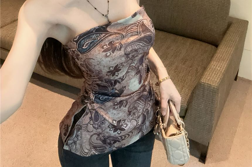 Paisley Tube Slit Ruched Top Print