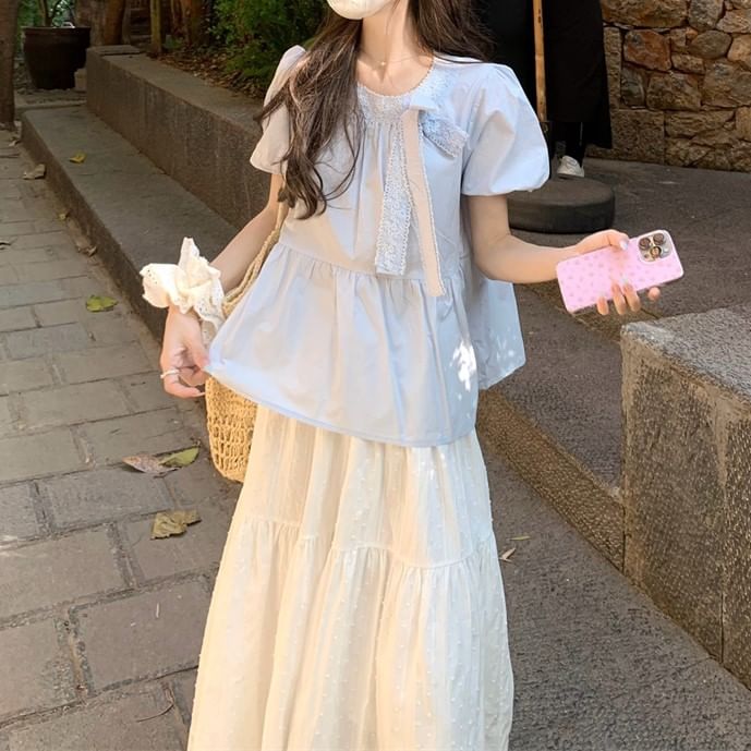 Trim Crew Blouse Lace Bow Accent Neck Puff-Sleeve