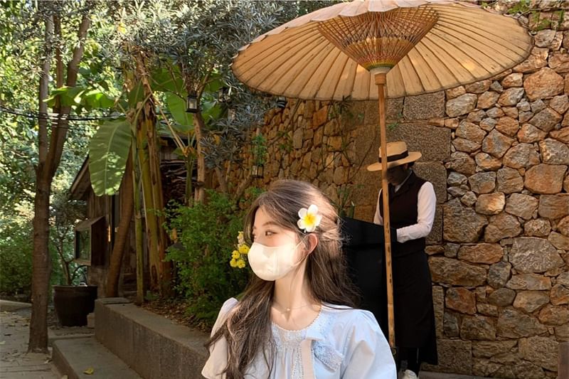 Trim Crew Blouse Lace Bow Accent Neck Puff-Sleeve