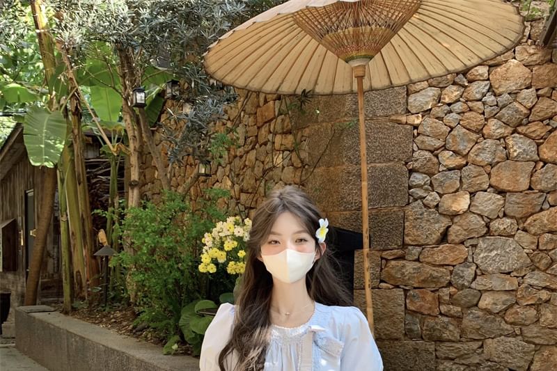 Trim Crew Blouse Lace Bow Accent Neck Puff-Sleeve