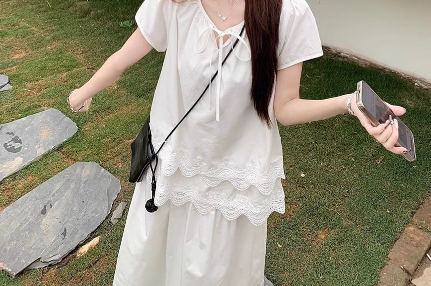 Neck Lace Tie Plain Notch Blouse Short-Sleeve Layered Front Panel