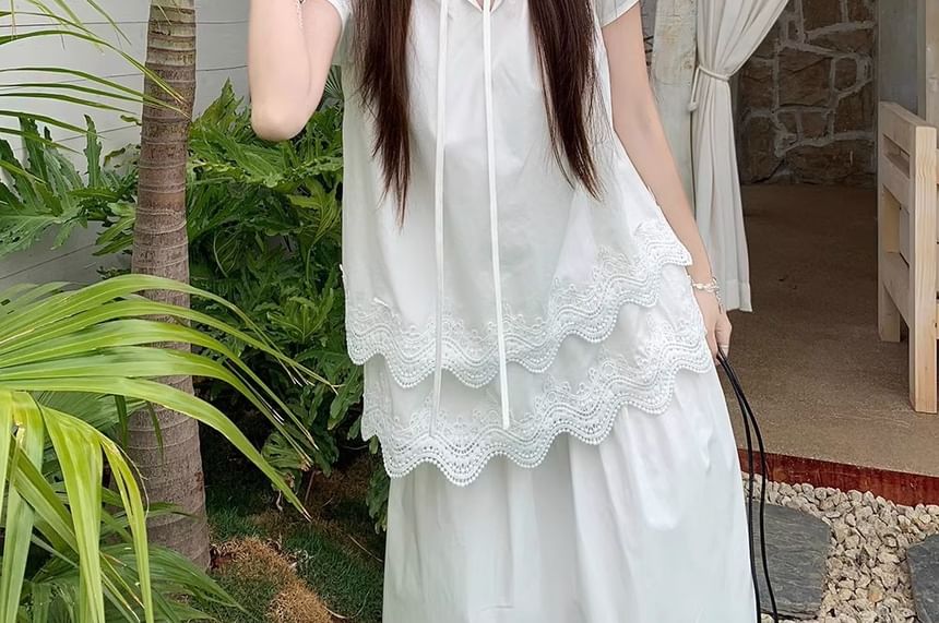 Neck Lace Tie Plain Notch Blouse Short-Sleeve Layered Front Panel