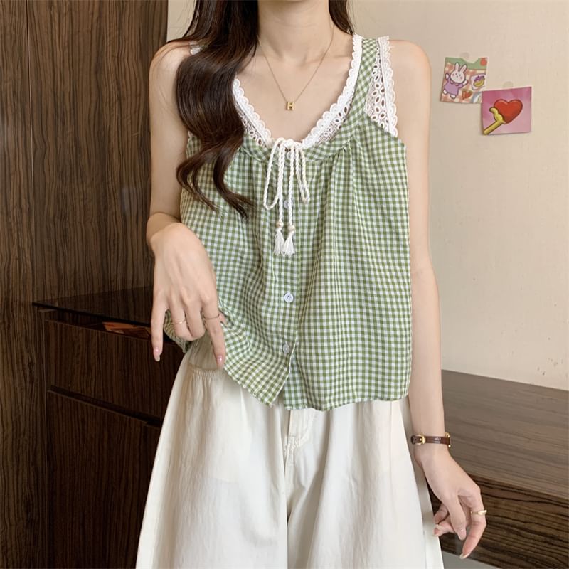Two-Piece Crop Top Button-Up Panel Gingham Mock V-Neck Tank Lace