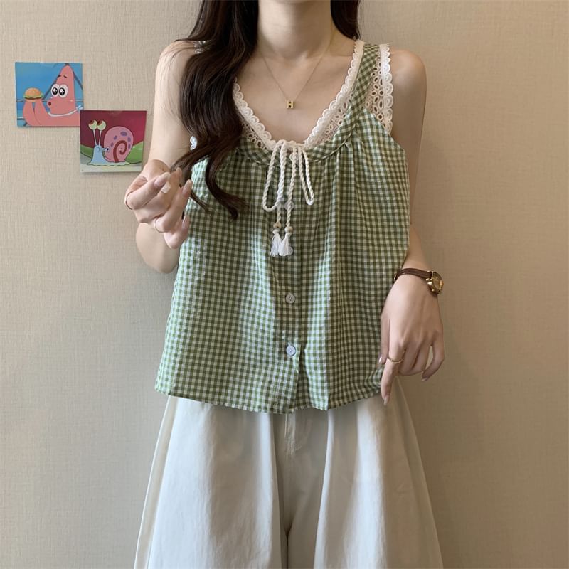 Two-Piece Crop Top Button-Up Panel Gingham Mock V-Neck Tank Lace