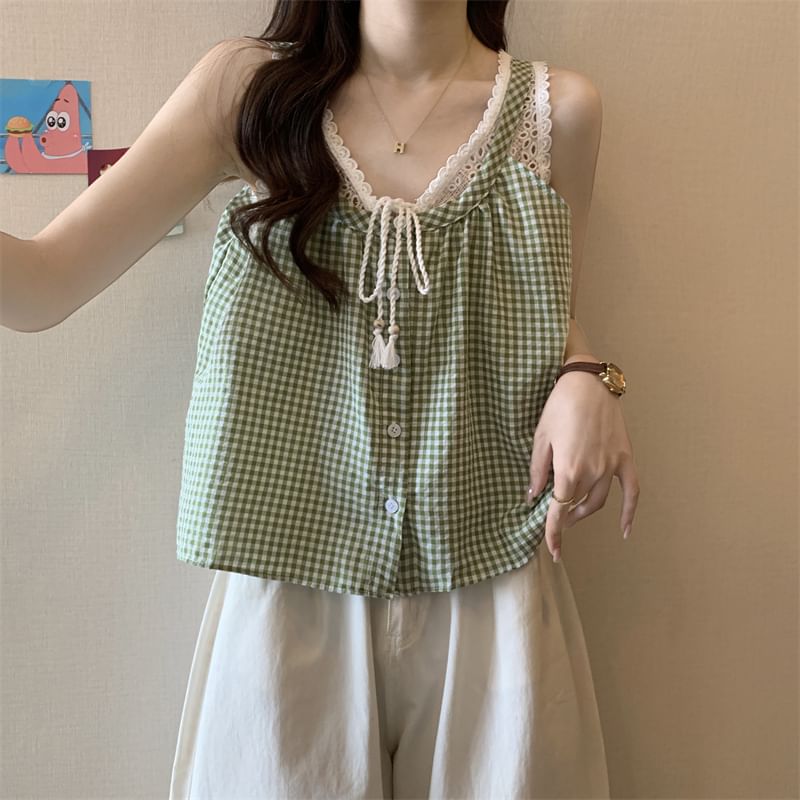 Two-Piece Crop Top Button-Up Panel Gingham Mock V-Neck Tank Lace