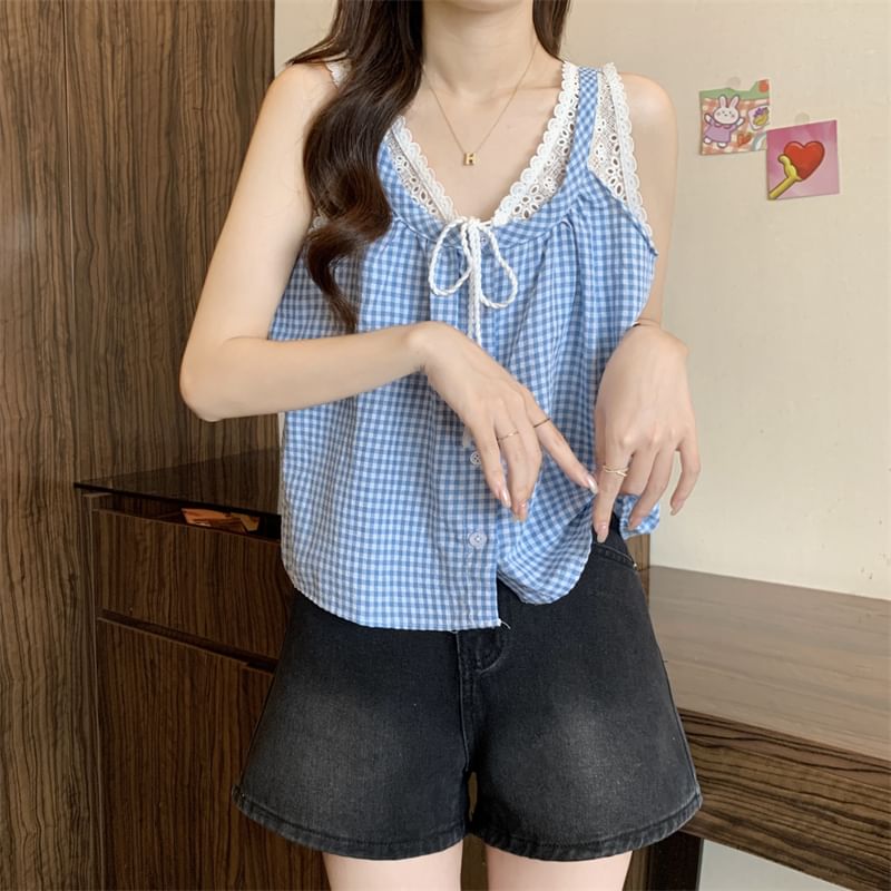 Two-Piece Crop Top Button-Up Panel Gingham Mock V-Neck Tank Lace
