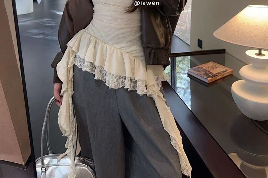 Hem Cowl Camisole Top Neck Lace Panel Asymmetrical Ruffle