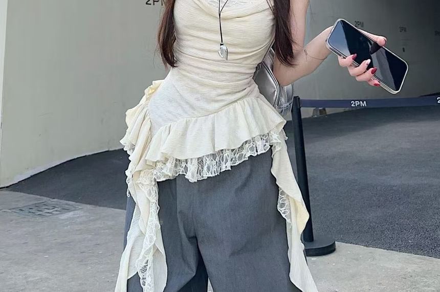 Hem Cowl Camisole Top Neck Lace Panel Asymmetrical Ruffle