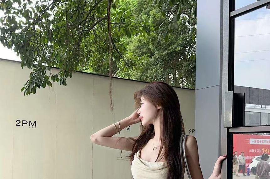 Hem Cowl Camisole Top Neck Lace Panel Asymmetrical Ruffle