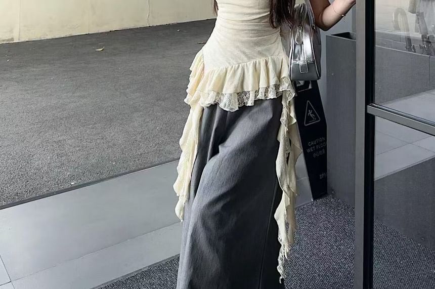 Hem Cowl Camisole Top Neck Lace Panel Asymmetrical Ruffle