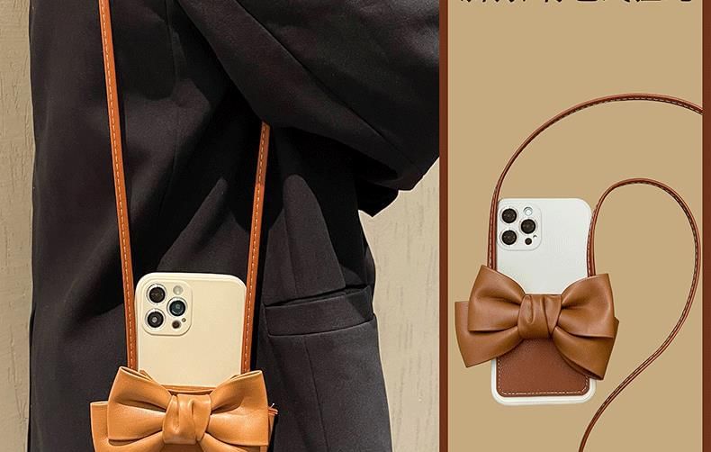 with Card Case Lanyard Phone Holder Faux Bow Leather