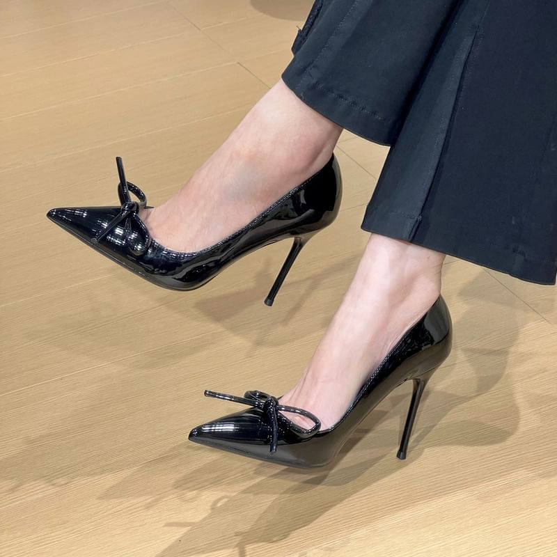 Leather Pointed Toe Bow Stiletto Patent Pumps