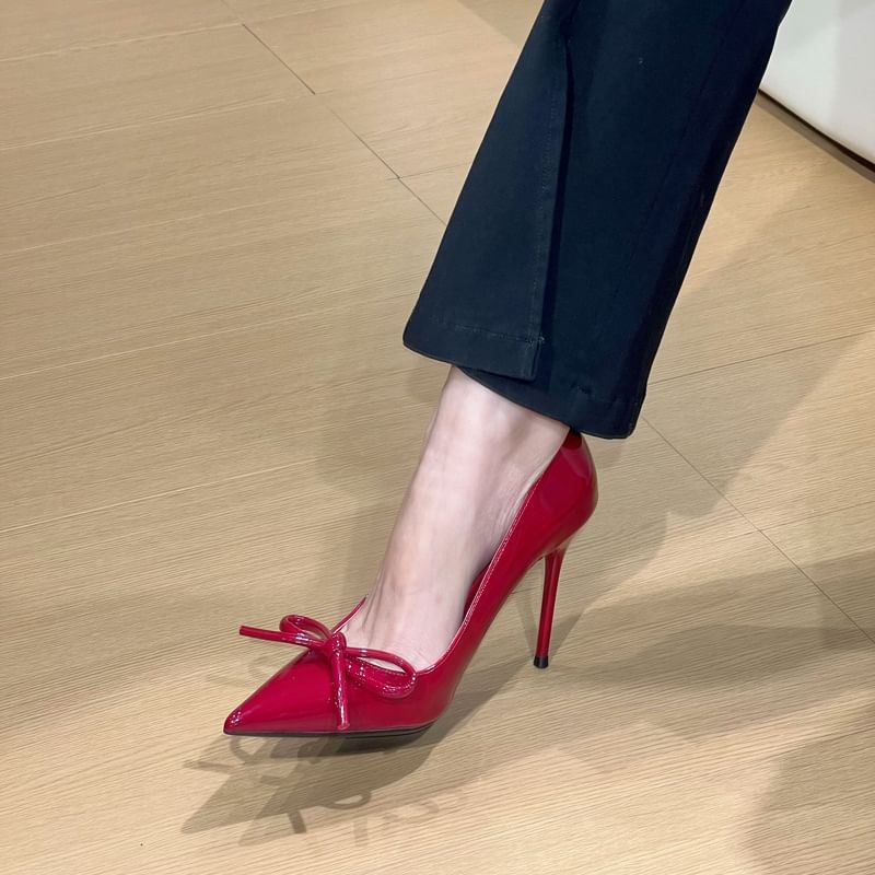 Leather Pointed Toe Bow Stiletto Patent Pumps