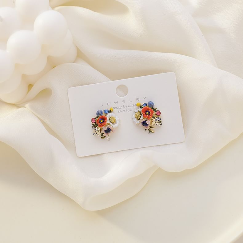 Floral Alloy Asymmetrical Earring Enamel