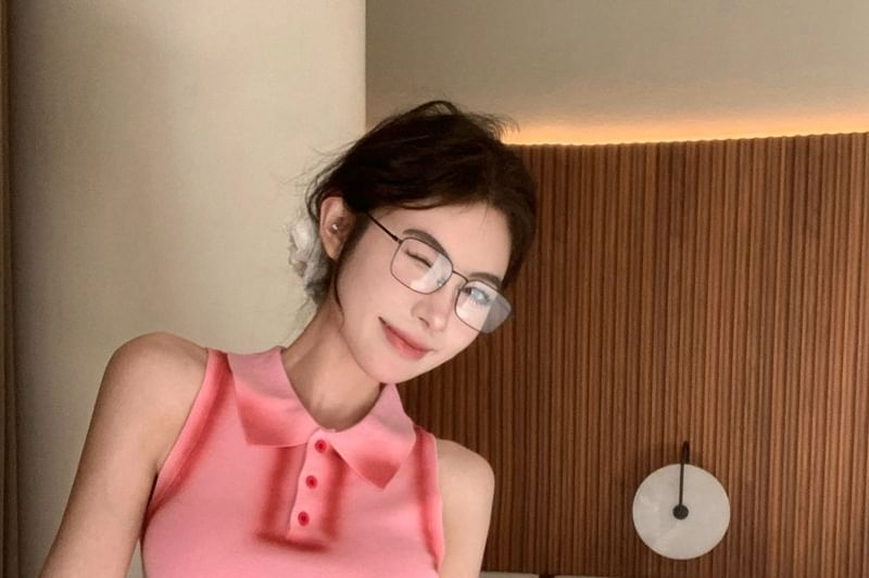 Tank Crop Henley Collar Trim Fit Top Slim Contrast