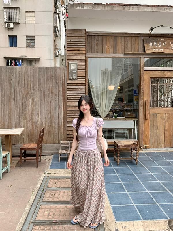 Neck Trim Fit Short-Sleeve Slim Lace Square Bow Plain Tee