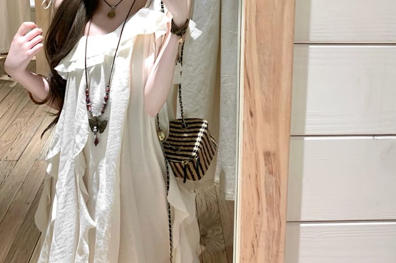 A-Line Midi Ruffle Trim Plain Sleeveless Dress Asymmetrical