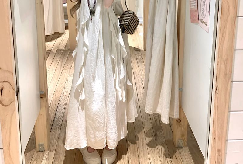 A-Line Midi Ruffle Trim Plain Sleeveless Dress Asymmetrical