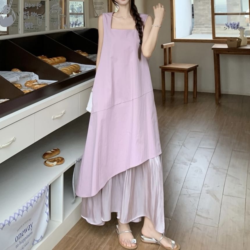 A-Line Dress Neck Asymmetrical Sleeveless Square Midi Paneled