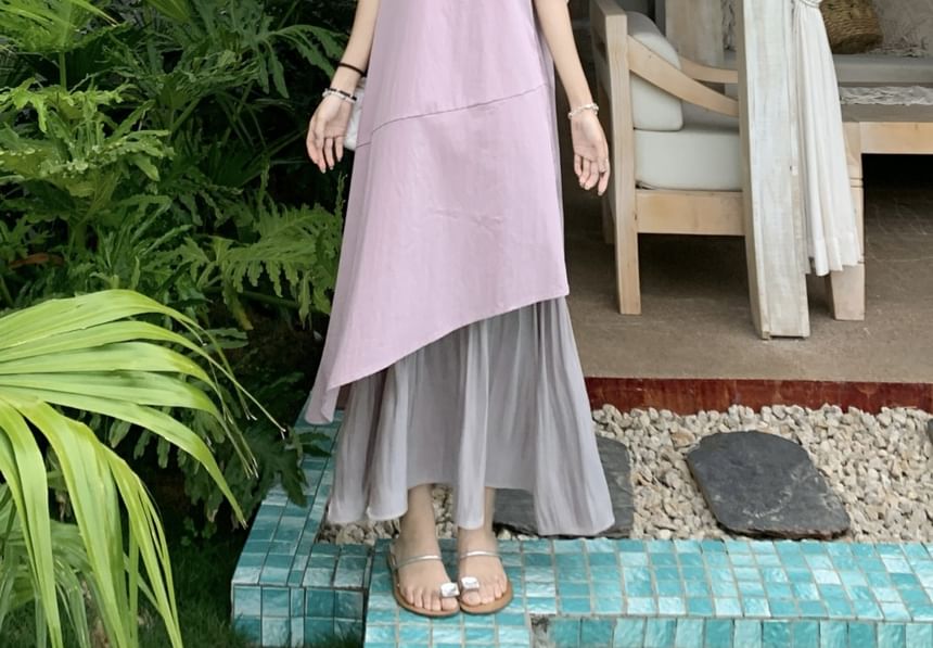 A-Line Dress Neck Asymmetrical Sleeveless Square Midi Paneled