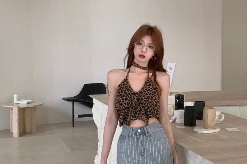 Mini Pencil Striped Denim Rhinestone High Skirt Rise