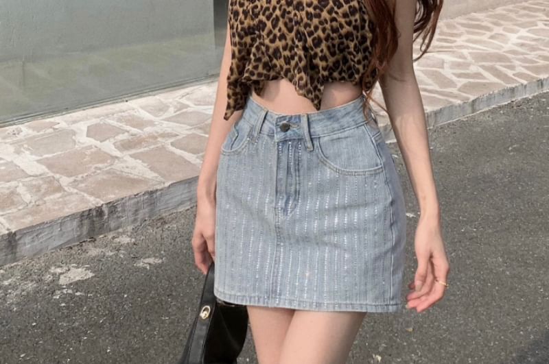 Mini Pencil Striped Denim Rhinestone High Skirt Rise