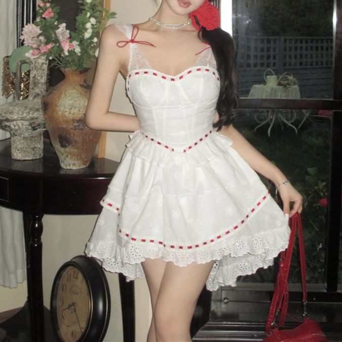 A-Line Tone Bow Sleeveless Lace Mini Corset Dress Panel Two