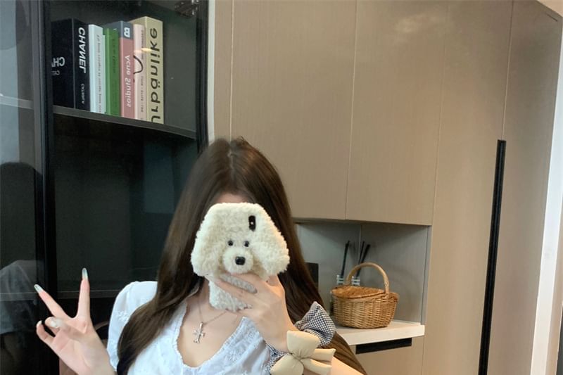 Slim Fit Rise A-Line V-Neck / Skirt High Mini Ruffle Short-Sleeve Trim Jacquard Blouse