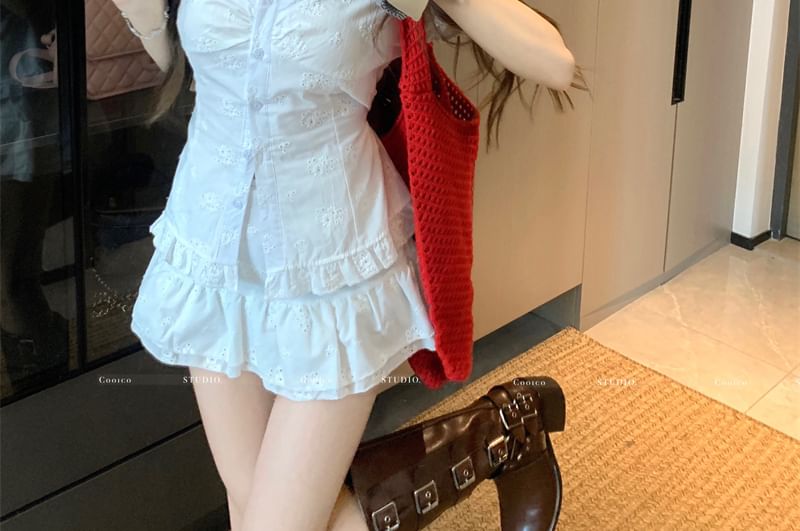 Slim Fit Rise A-Line V-Neck / Skirt High Mini Ruffle Short-Sleeve Trim Jacquard Blouse