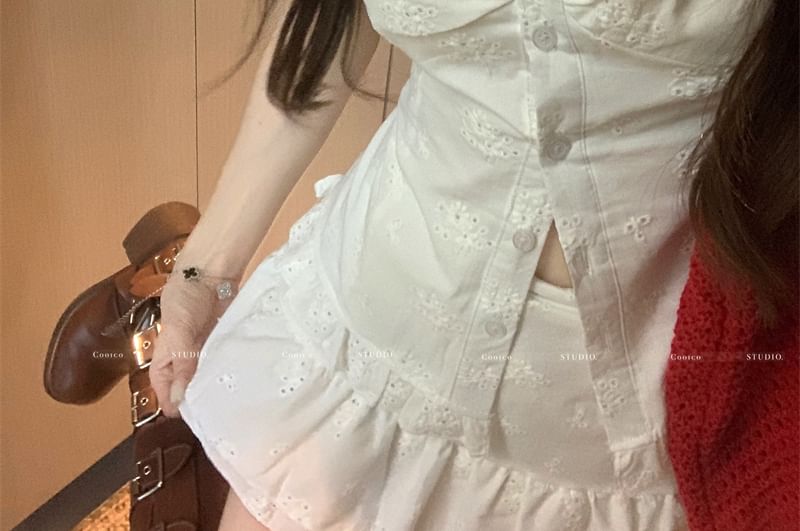 Slim Fit Rise A-Line V-Neck / Skirt High Mini Ruffle Short-Sleeve Trim Jacquard Blouse