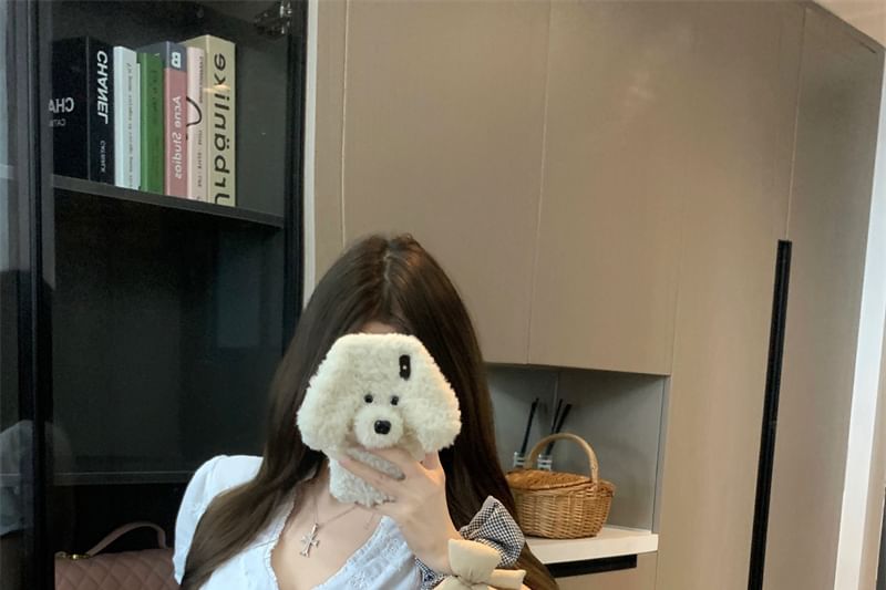 Slim Fit Rise A-Line V-Neck / Skirt High Mini Ruffle Short-Sleeve Trim Jacquard Blouse