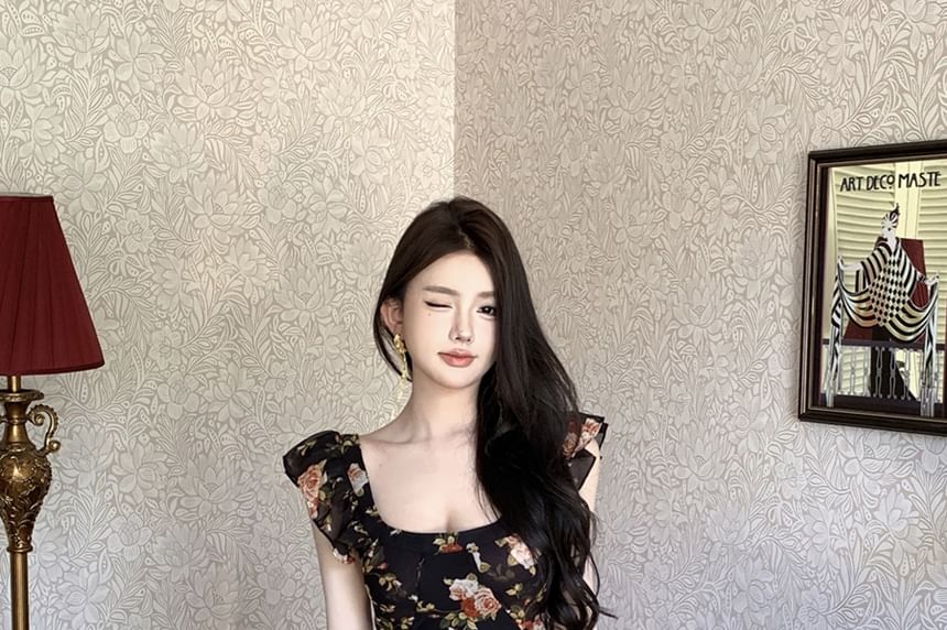 Dress Floral Sheath Neck Maxi Scoop Cap-Sleeve Trim Ruffle