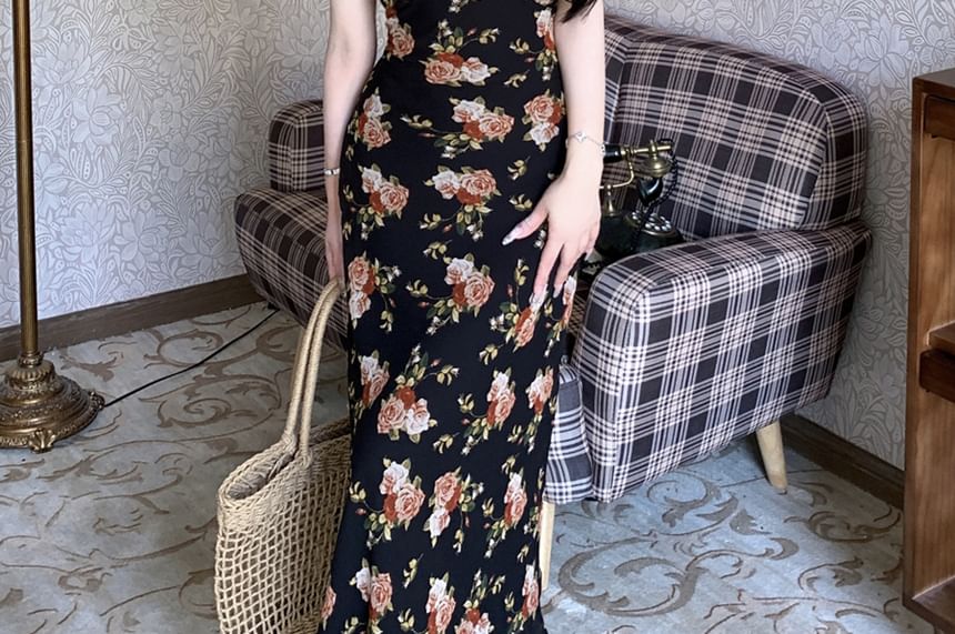 Dress Floral Sheath Neck Maxi Scoop Cap-Sleeve Trim Ruffle